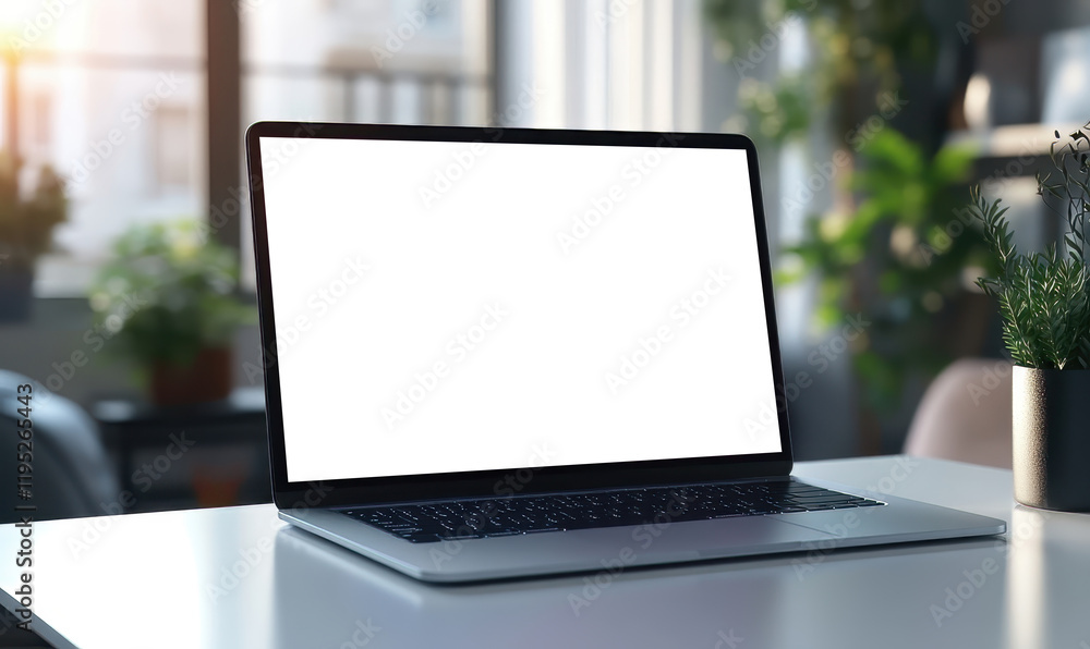 Creative workspace setup featuring a laptop in a modern office environment bright and minimalistic design Creative workspace setup featuring a laptop in a modern office environment bright and minimalistic design