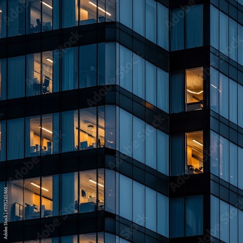 Modern Office Building Exterior at Night  Illuminated Windows  Business District  Corporat photo