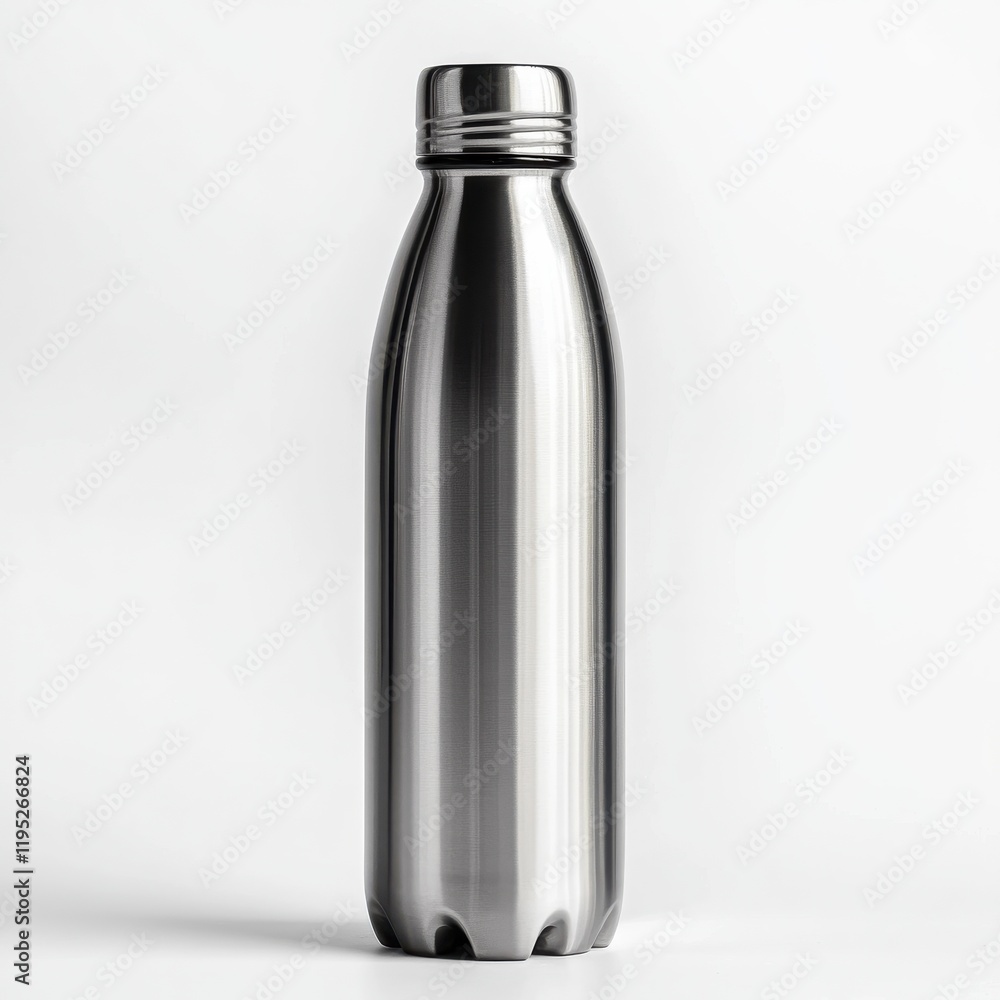 Stylish polished stainless steel water bottle standing upright on a clean white background for hydration and eco-friendly lifestyle Stylish polished stainless steel water bottle standing upright on a clean white background for hydration and eco-friendly lifestyle