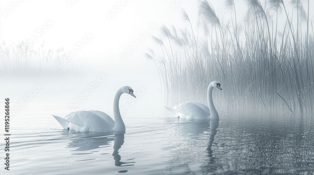 Fototapeta premium Two swans gliding over misty river.