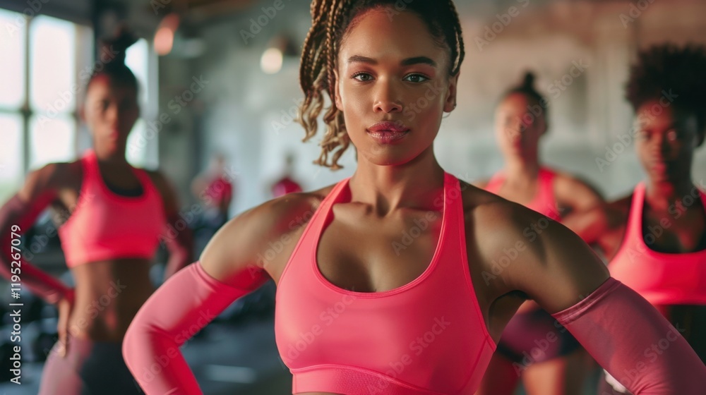 Confident Multiethnic Women in Pink Activewear Posing in Gym Confident Multiethnic Women in Pink Activewear Posing in Gym