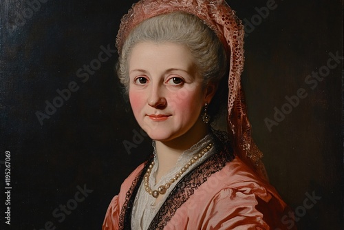 A portrait of an aristocratic lady in pink, with white hair and pearls around her neck The painting is set against a dark background, with the subject illuminated by soft light 1