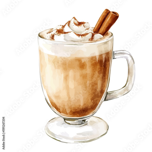 A watercolor clipart of a chai latte, isolated on a white background. Chai latte vector.
