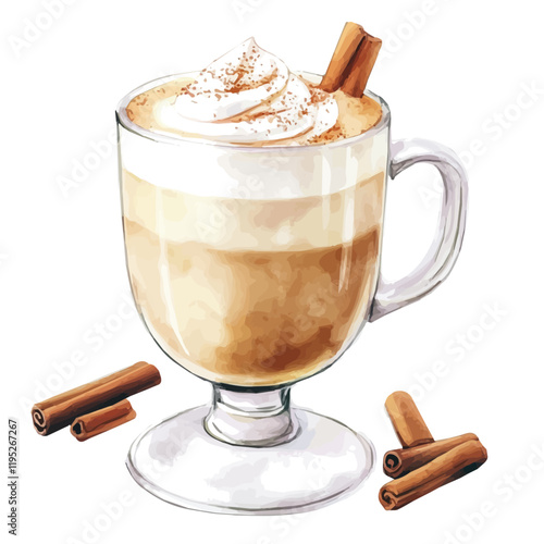 A watercolor clipart of a chai latte, isolated on a white background. Chai latte vector.
