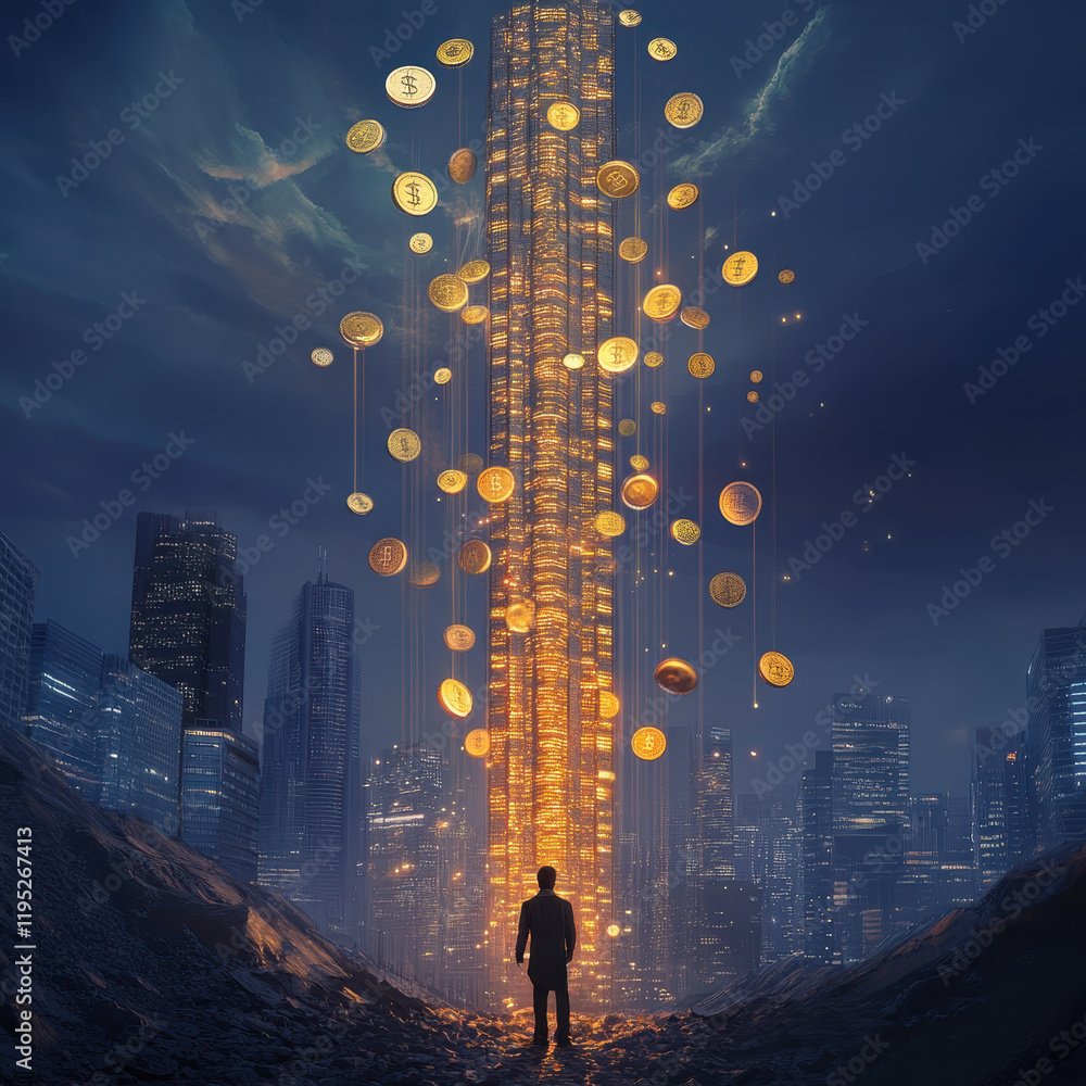 Fototapeta premium Entrepreneur standing before glowing skyscraper with floating coins, symbolizing wealth and ambition in futuristic city