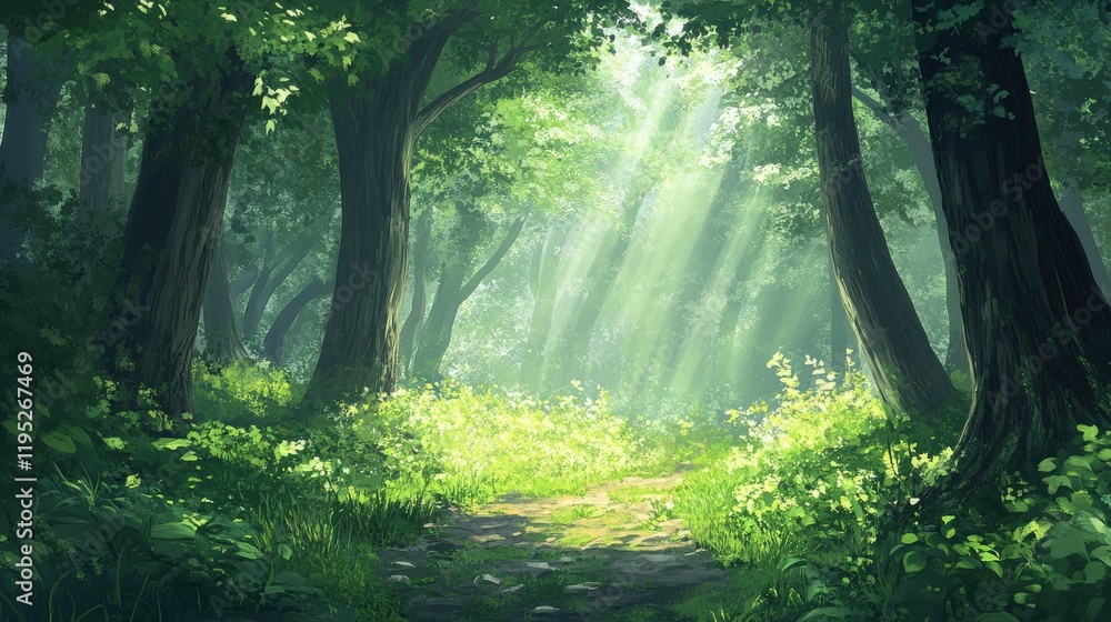 Obraz premium Discover tranquility on a serene nature walk through a lush, sunlit forest with vibrant greenery and dappled light