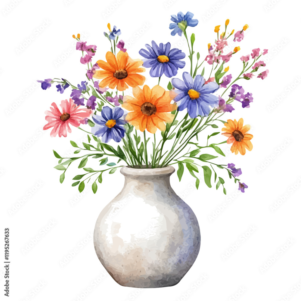 A watercolor of a ceramic vase with fresh flowers, isolated on a white background. Ceramic vase vector.
A watercolor of a ceramic vase with fresh flowers, isolated on a white background. Ceramic vase vector.