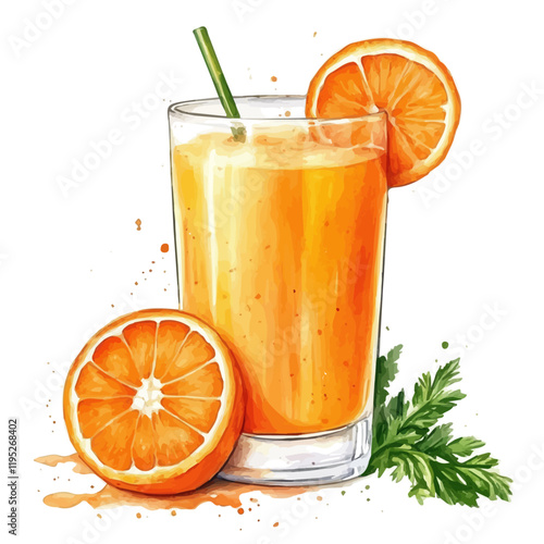 A watercolor vector of a carrot orange juice, isolated on a white background. Carrot orange juice vector.
