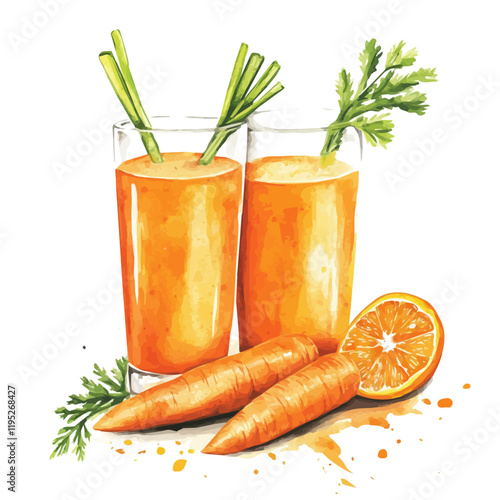 A watercolor vector of a carrot orange juice, isolated on a white background. Carrot orange juice vector.
