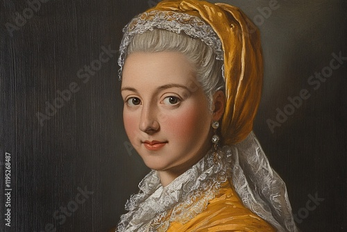 An oil painting of the head and shoulders portrait of an aristocratic woman in yellow with white hair, wearing a lace veil 1