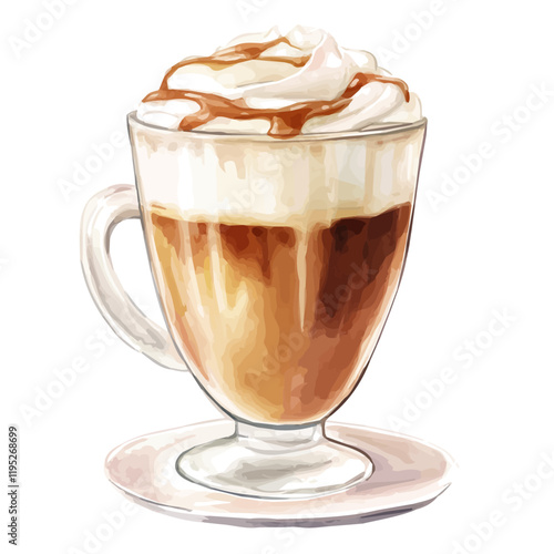 A watercolor of a caramel macchiato, isolated on a white background. Caramel macchiato vector.
