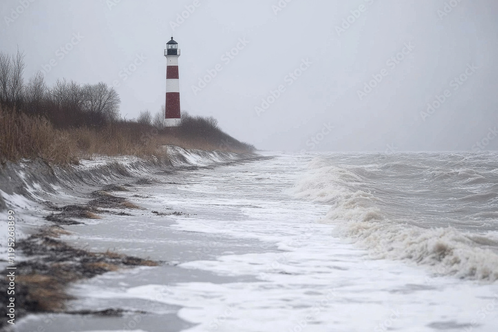 Obraz premium A lighthouse is on a beach with a snowy shoreline