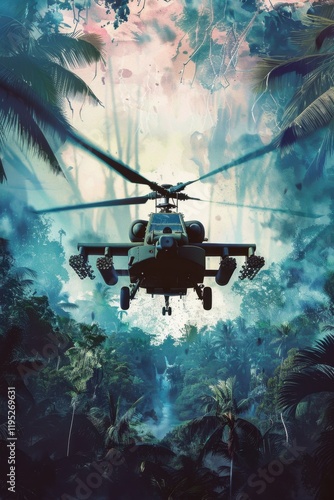 Action-packed attack helicopter flying over tropical jungle vintage style poster dramatic viewpoint