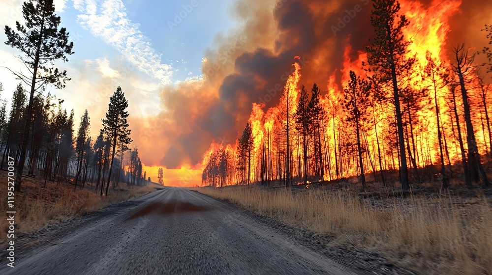 Obraz premium A fire burns in the distance behind a dirt road in a forest