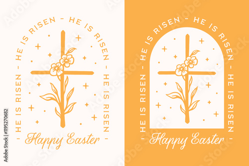 He is risen Happy Easter Christian girl greeting card Jesus quotes retro country yellow floral cross aesthetic. Religious women children kids printable illustration vector shirt design poster decor.