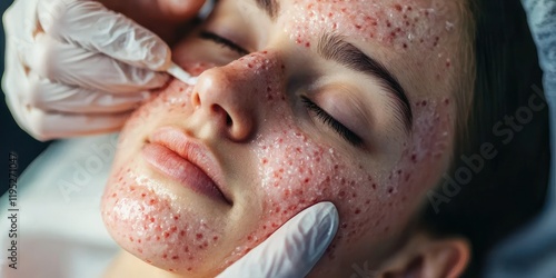 A woman receiving an acne treatment with specialized products applied to her face.