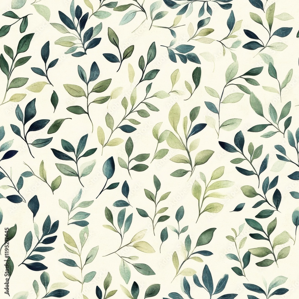 Delicate watercolor fractal leaves pattern in muted greens and blues on a soft cream backdrop