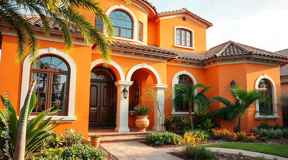 Fototapeta premium Luxury Mediterranean Orange Villa, Stunning Home Exterior, Palm Trees, Landscaping, Real Estate