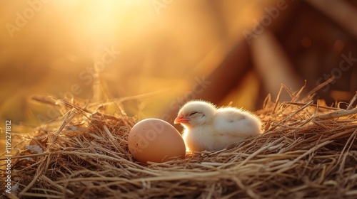 Soft and Adorable Yellow Chick Resting Next to Unhatched Egg in a Rustic Nest with Warm Natural Light Filtering Through a Beautiful Farm Setting photo