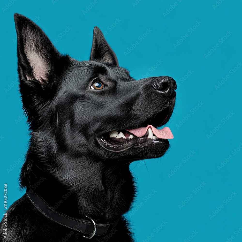 A black dog with its tongue out on a blue background A black dog with its tongue out on a blue background
