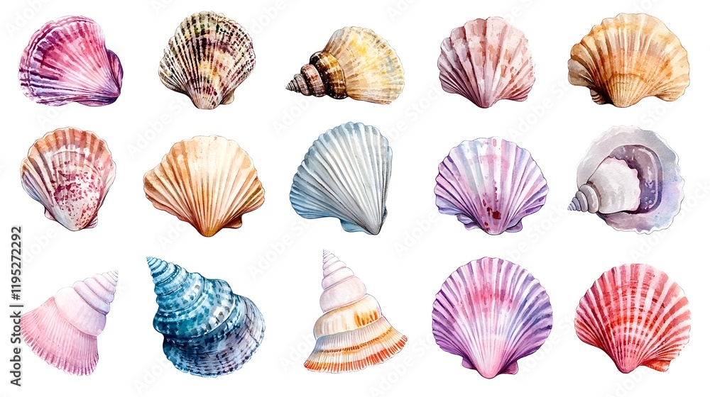 Vibrant Seashell Collection in Diverse Shapes and Colors on Neutral Background Vibrant Seashell Collection in Diverse Shapes and Colors on Neutral Background