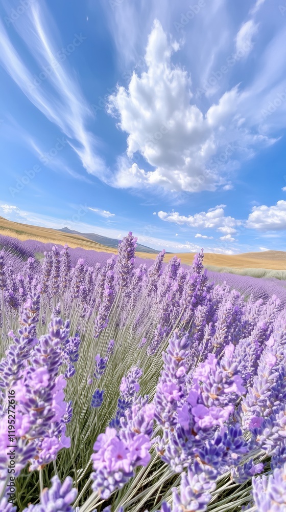 Obraz premium Lavender flowers bloom abundantly in a vast field beneath a bright blue sky