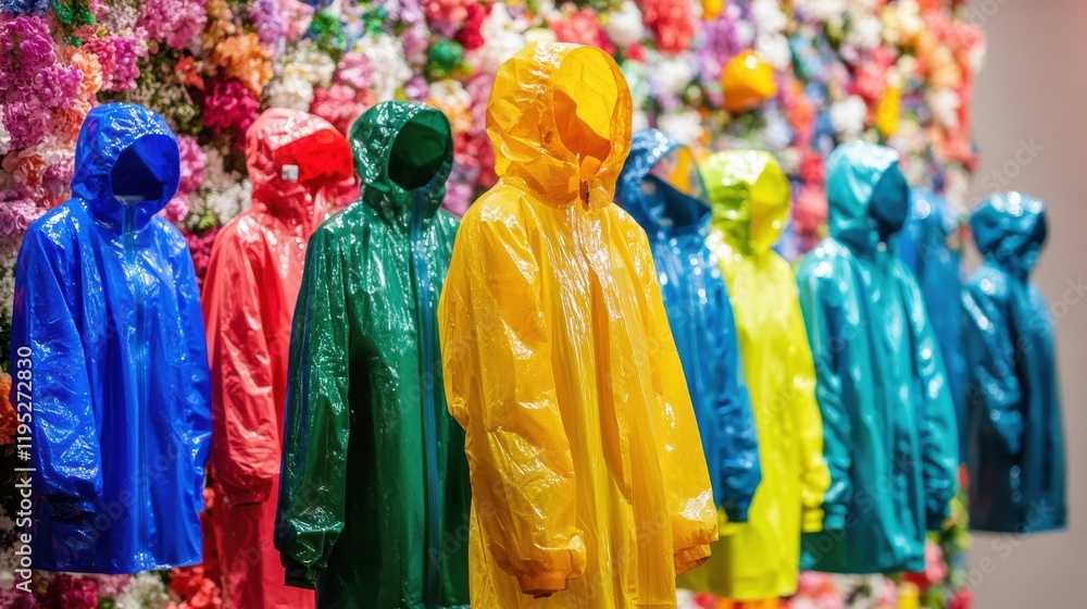 Fototapeta premium Eco-friendly raincoats made from recycled materials displayed in a colorful spring setting showcasing sustainability and fashion