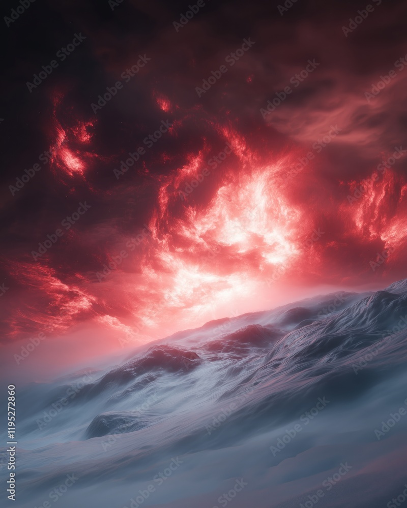 A brilliant cosmic explosion lights up the dark, swirling clouds above a rugged terrain A brilliant cosmic explosion lights up the dark, swirling clouds above a rugged terrain