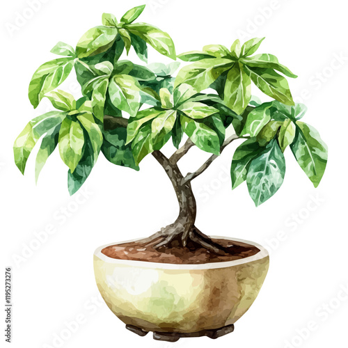 A watercolor painting of a breadfruit bonsai, isolated on a white background. Bonsai vector.
