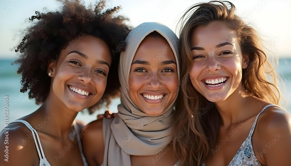 Group of three happy multiethnic friends looking at camera. Portrait of young women of different cultures enjoying vacation together. Smiling islamic girl with two african american friends outdoor Group of three happy multiethnic friends looking at camera. Portrait of young women of different cultures enjoying vacation together. Smiling islamic girl with two african american friends outdoor