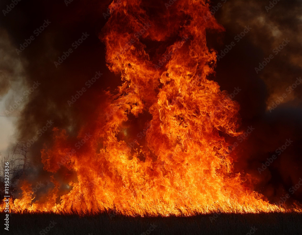 Intense flames shot from a low angle showing the ferocity and heat of a large scale blaze. Intense flames shot from a low angle showing the ferocity and heat of a large scale blaze.