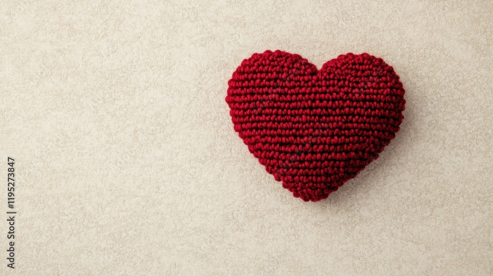 Knitted red heart symbol of love on textured light gold background Knitted red heart symbol of love on textured light gold background