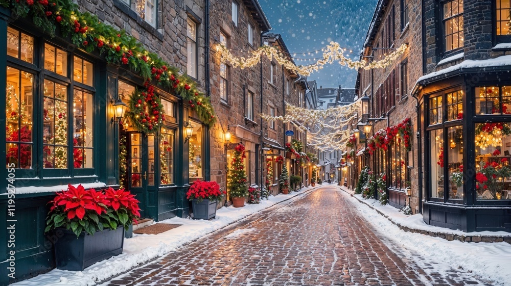 Fototapeta premium cobblestone street decorated with holiday lights, garlands, poinsettias, and glowing shop windows, radiating cozy Christmas charm and festive magic