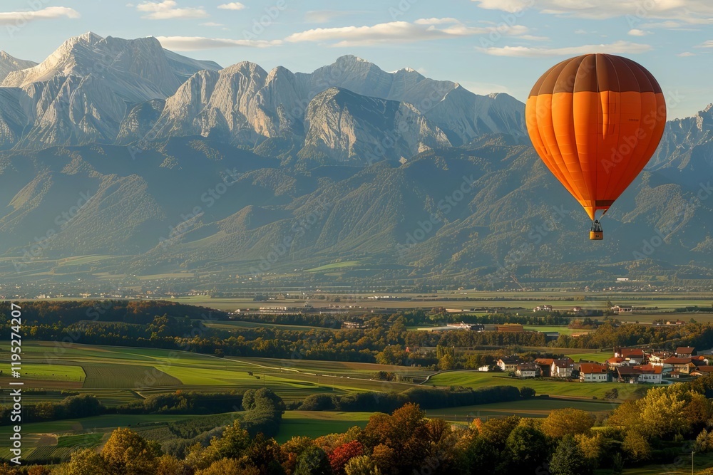 Obraz premium A vibrant hot air balloon floats over a picturesque valley with mountains in the background.