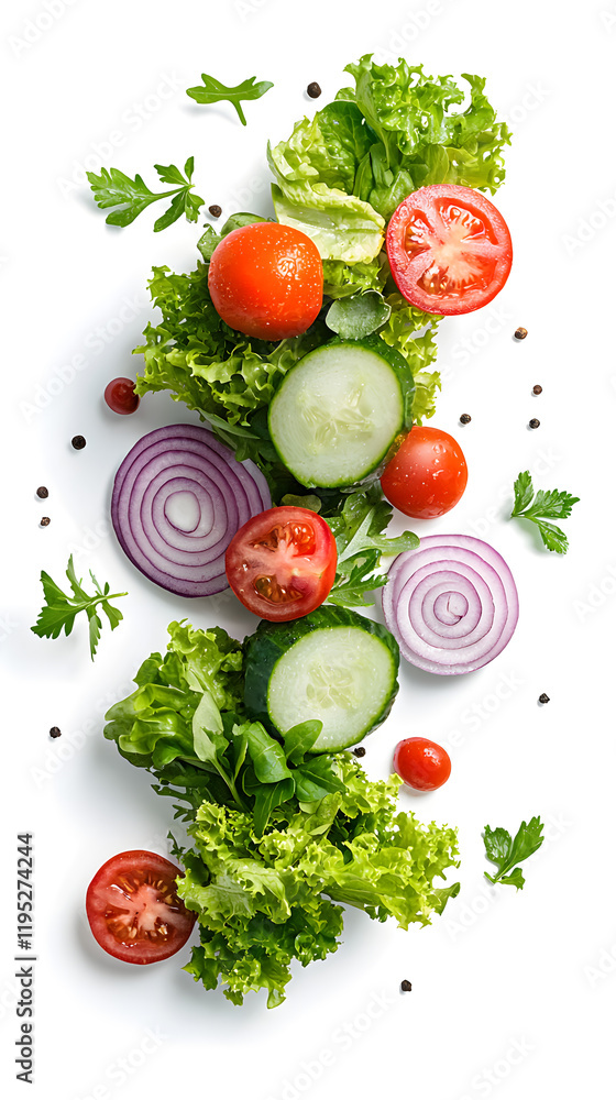 Salad vegetables slices falling down, isolated on white background Salad vegetables slices falling down, isolated on white background
