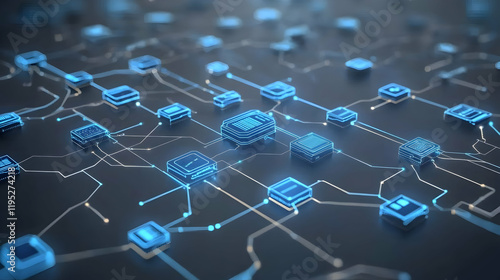 Creative business models powered by AI illustrated with glowing blue circuits weaving through innovative graphs on a deep gray background, clean and futuristic