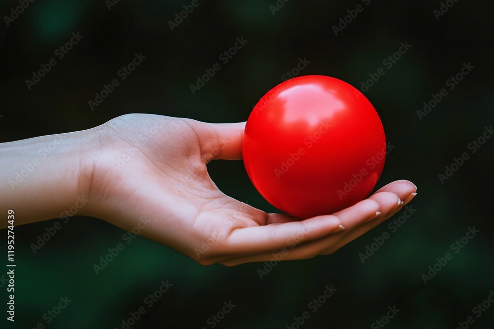 Close-up of a hand holding a red ball, on a dark green background The hand, viewed from behind, holds a round, toy-like object 1 Close-up of a hand holding a red ball, on a dark green background The hand, viewed from behind, holds a round, toy-like object 1