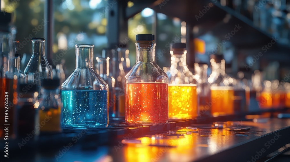 Laboratory scene with beakers and flasks filled with vibrant colored liquids Laboratory scene with beakers and flasks filled with vibrant colored liquids