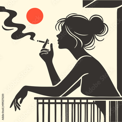 woman smoking on the balcony retro silhouette style illustration