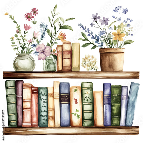 A watercolor drawing of a bookshelf with books and natural flowers, isolated on a white background. Bookshelf vector.
