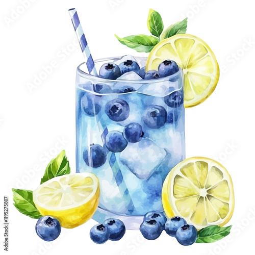 A watercolor drawing of blueberry lemonade, isolated on a white background. Lemonade vector.
