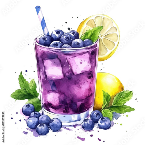 A watercolor drawing of blueberry lemonade, isolated on a white background. Lemonade vector.
