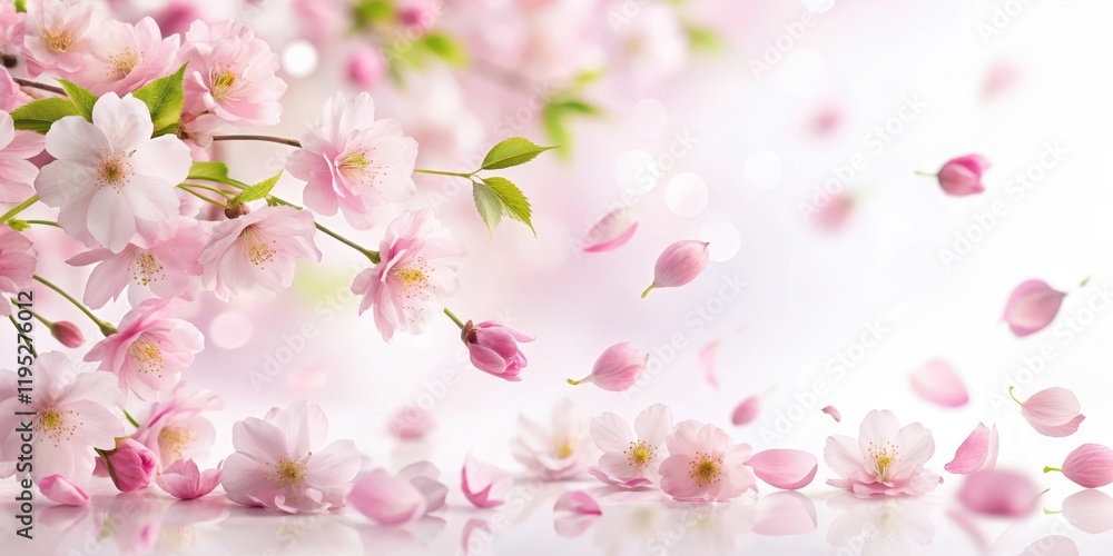 Softly falling delicate pink sakura petals against a serene white background with a few subtle green leaves , pink sakura petals, floral Softly falling delicate pink sakura petals against a serene white background with a few subtle green leaves , pink sakura petals, floral