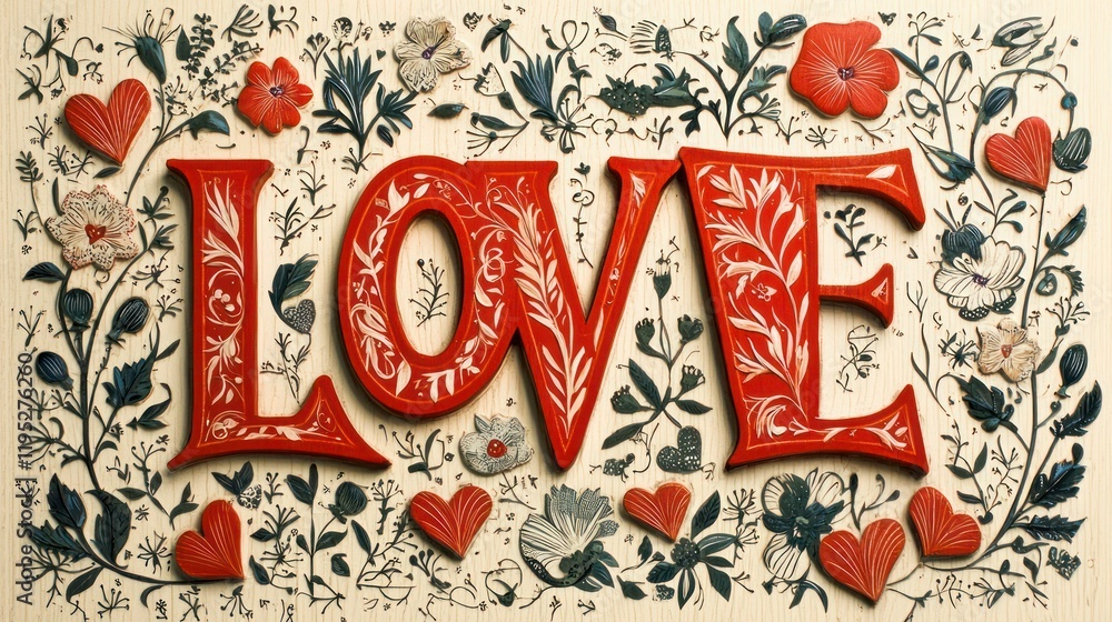 Obraz premium Beautiful typography of the word ‘Love’ in red, surrounded by delicate heart patterns and floral accents