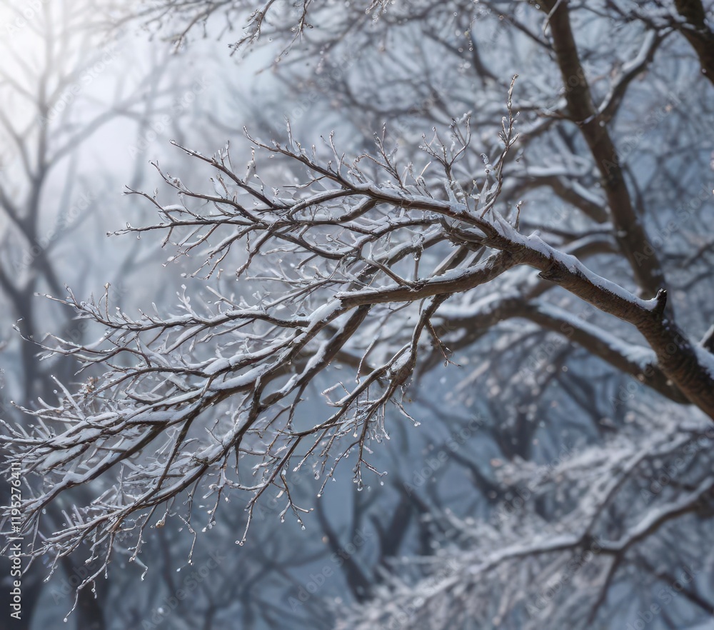 Botanical depiction of winter snowfall on bare tree branches, bare branches, winter trees, frozen leaves Botanical depiction of winter snowfall on bare tree branches, bare branches, winter trees, frozen leaves
