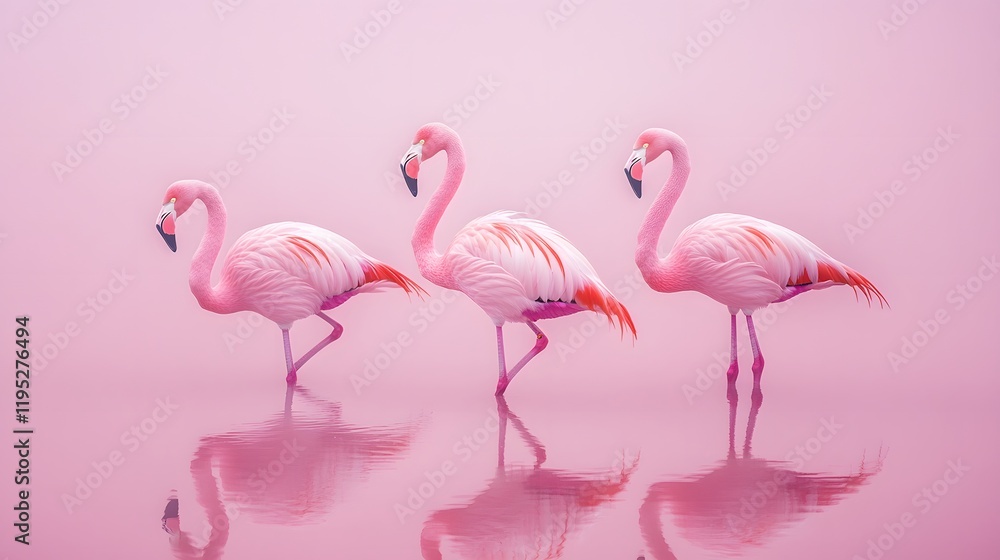 Obraz premium Three Elegant Pink Flamingos in Dreamy Soft Pink Background