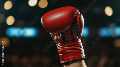 Boxer raising their fist in victory after winning a match, with the audience in the background.