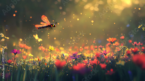 Wallpaper Mural A firefly hovering near a patch of colorful flowers, organic, colorful. Fireveil. Illustration Torontodigital.ca