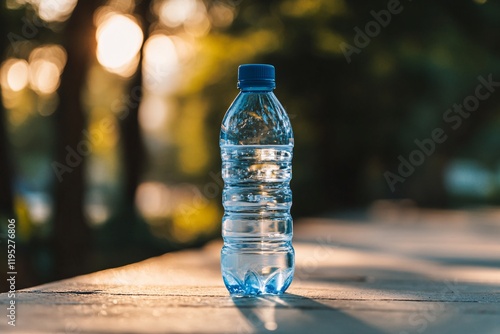 Fototapeta Naklejka Na Ścianę i Meble -  A photo of an empty water bottle on the table, with a blurred background of a park and sunlight 1