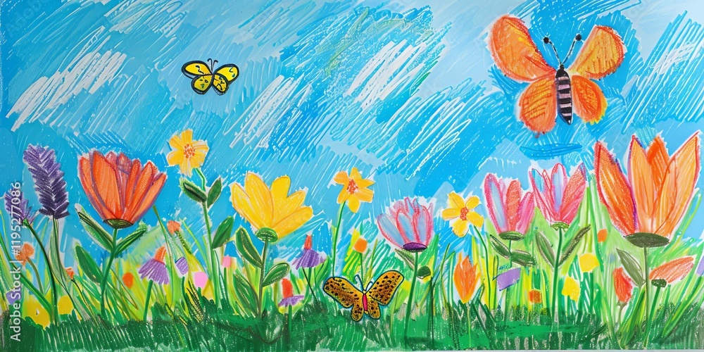 Naklejka premium A vibrant illustration of flowers and butterflies against a bright blue sky.